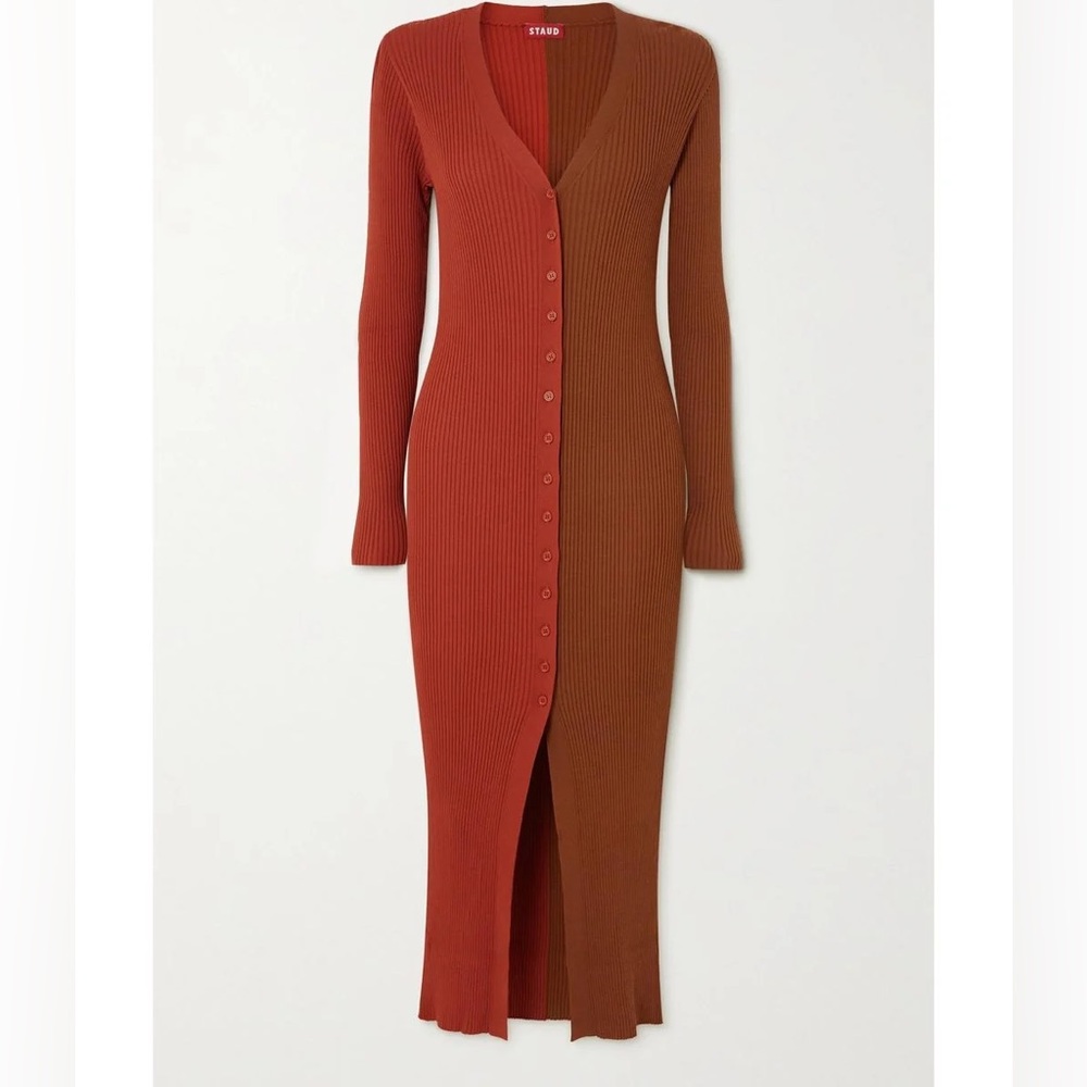 Staud Shoko Sweater dress cardigan in Syrah/Chocolate